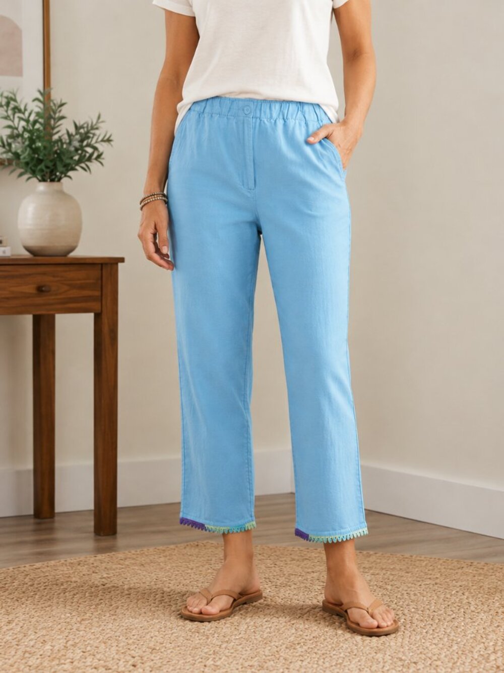 Sigrid Olsen Sport Light Blue Linen Blend Crop Pants Women’s Sz 8 Elastic Waist